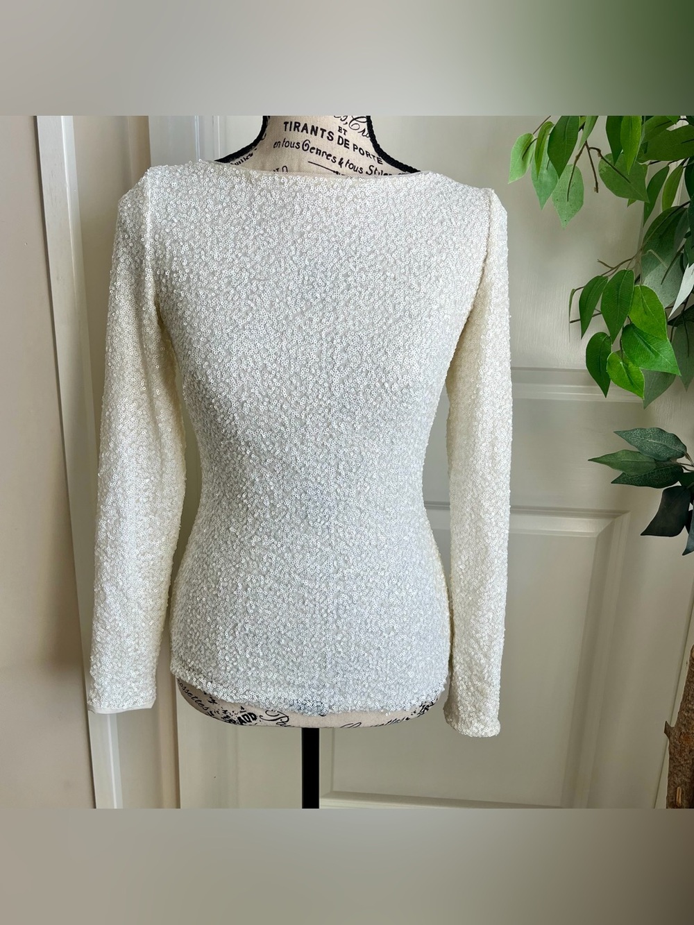 Lauren Ralph Lauren Evening Sequin Long Sleeve Boat Neck Top White Sz 2